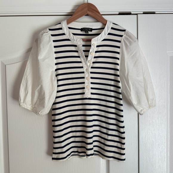 J Crew Navy/Cream Puff Sleeve Top - Picture 1 of 5